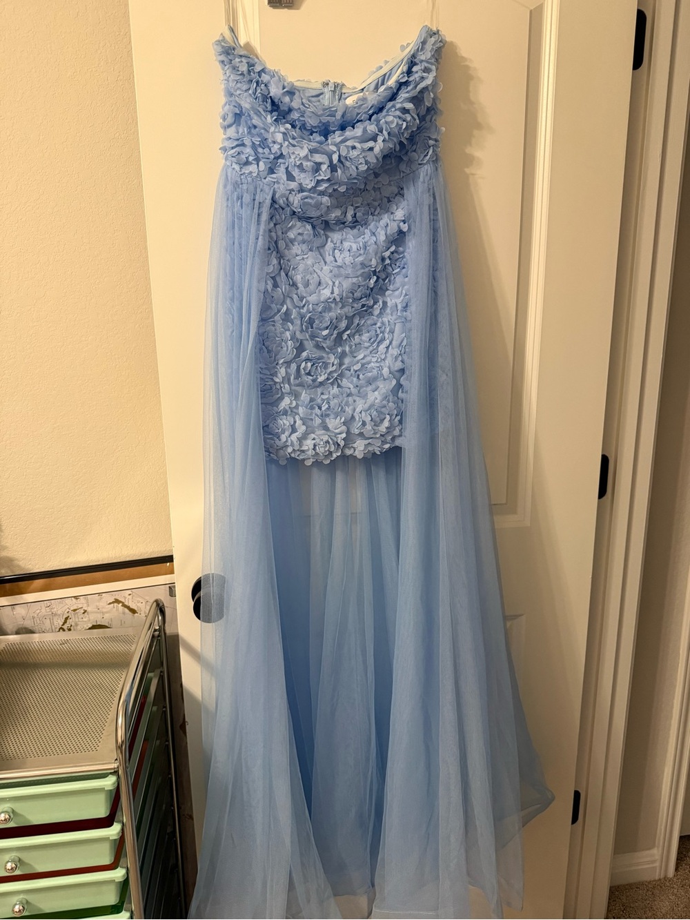 Strapless Light Blue Floral Tulle Gown